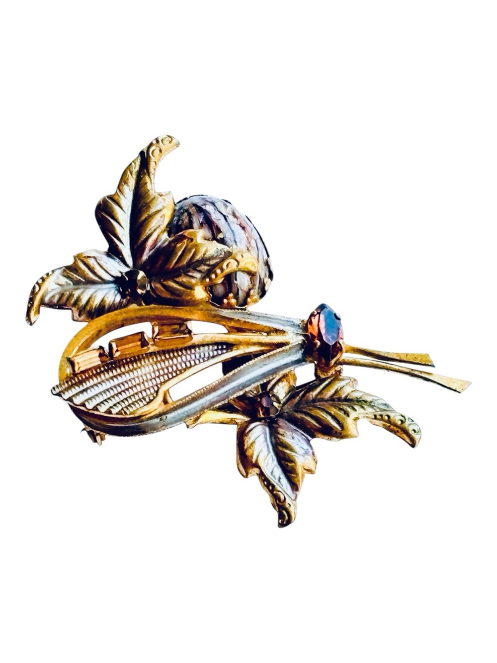 Continental Signed Vintage Leaf & Pine Cone Art Glass Rhinestone Brooch Pin MCM